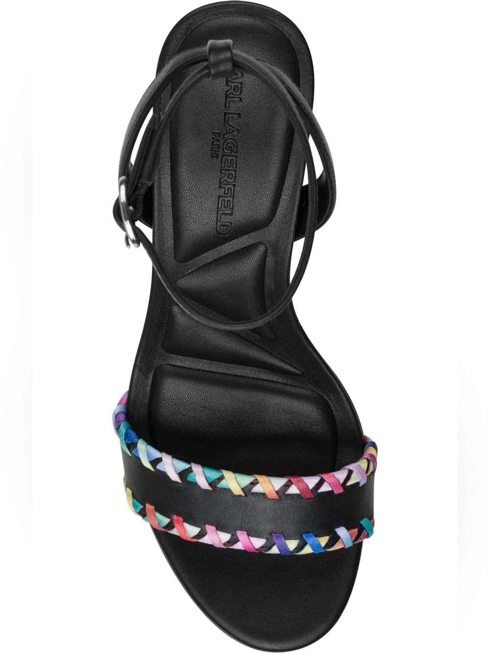 Karl Lagerfeld Black Leather Sandal with Rainbow Braided Trim NWOT 6.5 & 9